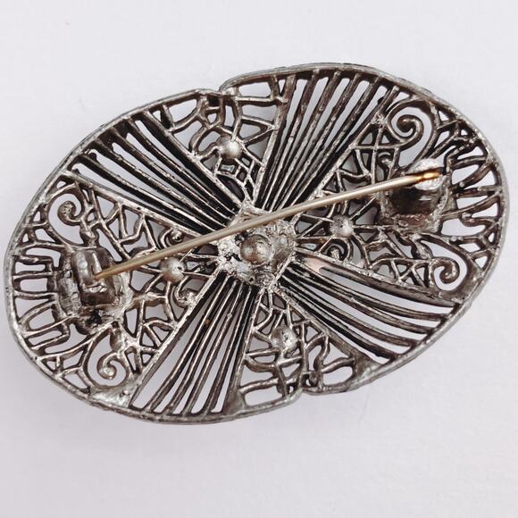 Antique Edwardian Uranium Glass Brooch Filigree 1910s Art Deco Transition VTG - Picture 10 of 10